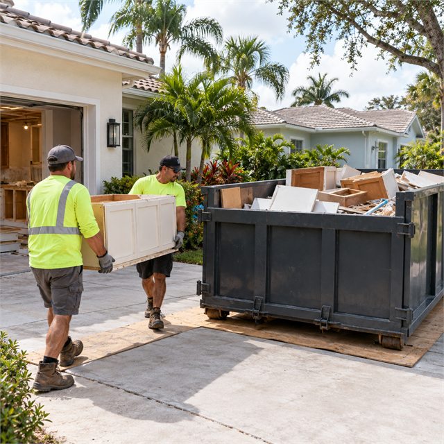 Two workers carrying an old kitchen cabinet toward a roll-off dumpster filled with renovation debris during dumpster rental services in Hesperia, MI