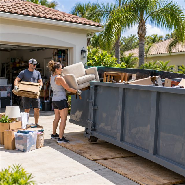 Homeowners carrying unwanted furniture and household items from a garage into a roll-off dumpster during dumpster rental services in Grand Haven, MI