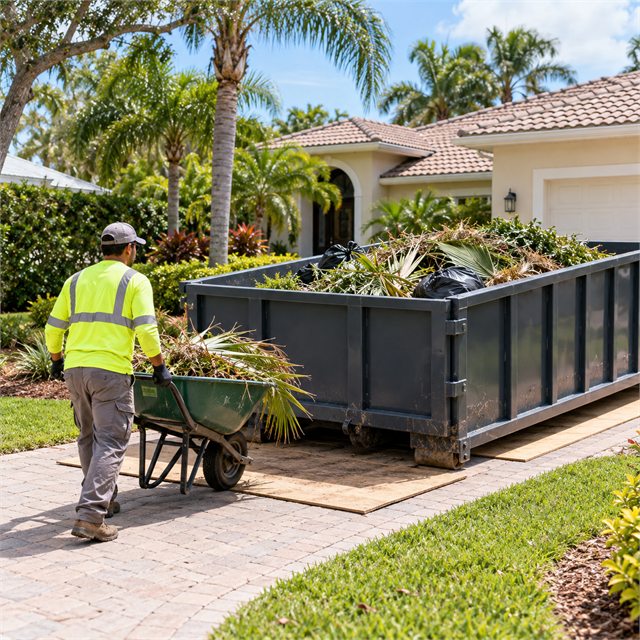 Worker transporting yard waste in a wheelbarrow toward a roll-off dumpster filled with landscaping debris during dumpster rental services in Grand Haven, MI