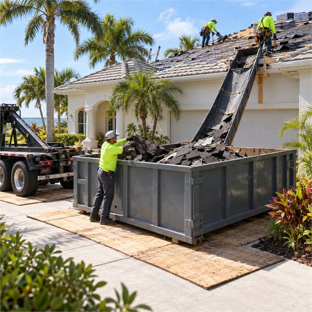 Roofing crew removing old shingles and directing roofing debris down a chute into a roll-off dumpster during dumpster rental services in Holland, MI
