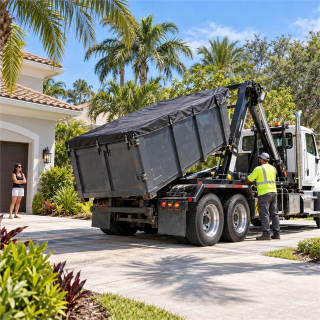 Worker operating a roll-off dumpster truck to deliver a covered waste container to a residential driveway during dumpster rental services near me