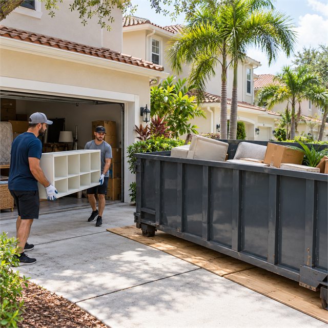 Two workers carrying a white shelving unit from a residential garage toward a roll-off dumpster during dumpster rental services near me