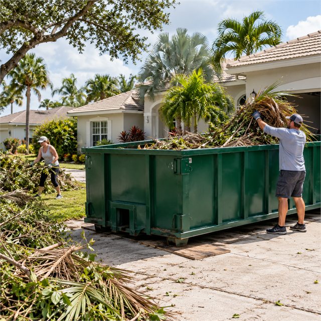 Homeowners loading branches and yard debris into a green roll-off dumpster during dumpster rental services in Zeeland, MI