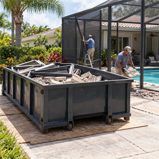 Workers removing a pool enclosure and loading metal framing and concrete debris into a roll-off dumpster during dumpster rental services in Hudsonville, MI