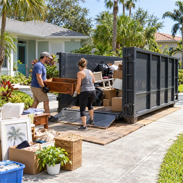 Two homeowners loading an old wooden drawer into a roll-off dumpster filled with household junk during dumpster rental services near me