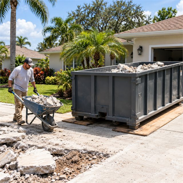 Worker transporting broken concrete debris in a wheelbarrow beside a large roll-off dumpster during dumpster rental services in Grandville, MI