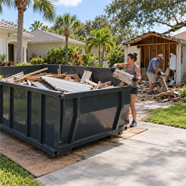 Workers loading wooden boards and demolition debris from a backyard shed into a roll-off dumpster during dumpster rental services in Grand Rapids, MI
