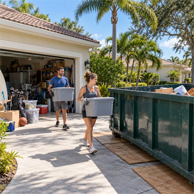 Two homeowners carrying storage bins from a garage toward a roll-off dumpster during dumpster rental services near me
