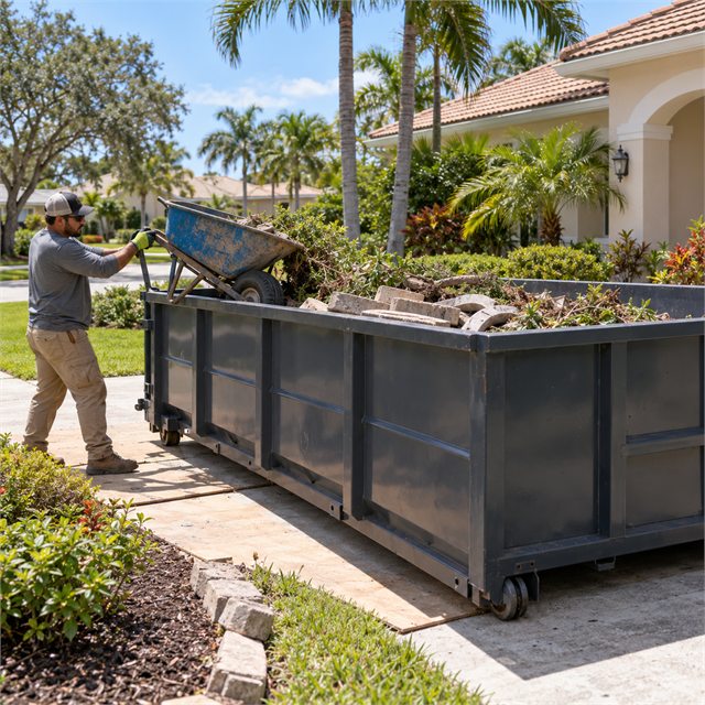 Worker emptying a wheelbarrow of concrete rubble and yard debris into a roll-off dumpster during dumpster rental services in Wyoming, MI