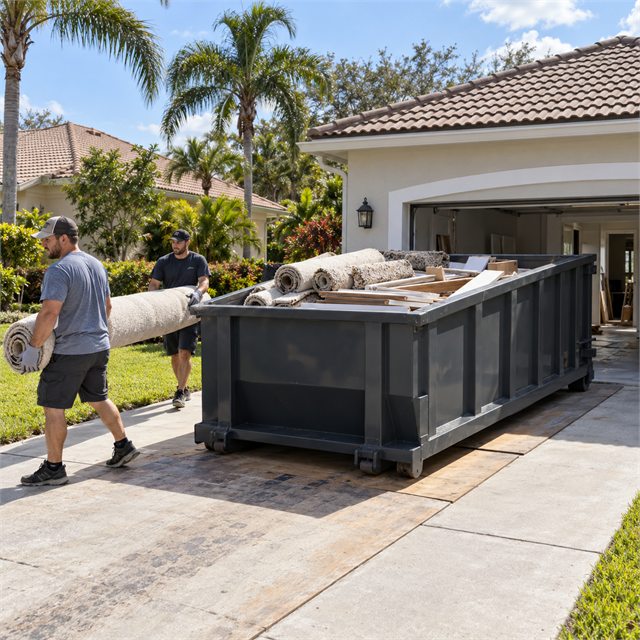 Two workers carrying old rolled-up carpeting beside a roll-off dumpster filled with renovation debris during dumpster rental services in Rockford, MI