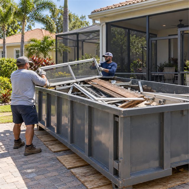 Two workers loading metal window frames and wooden demolition debris into a roll-off dumpster during dumpster rental services near me